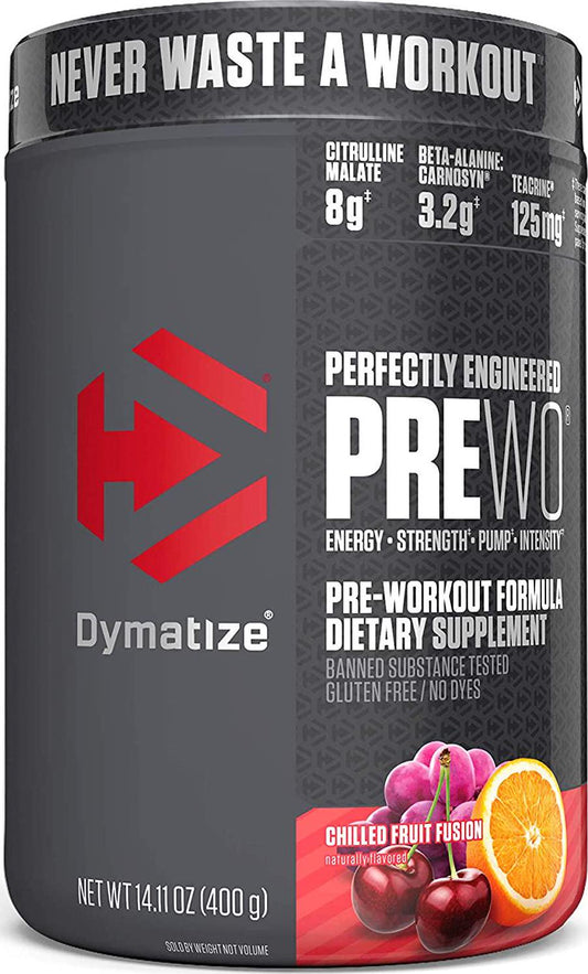 Dymatize PreW.O., Pre Workout Powder with Caffeine, Maximize Energy, Strength and Endurance, Amplify Intensity of Workouts, Chilled Fruit Fusion, 400g