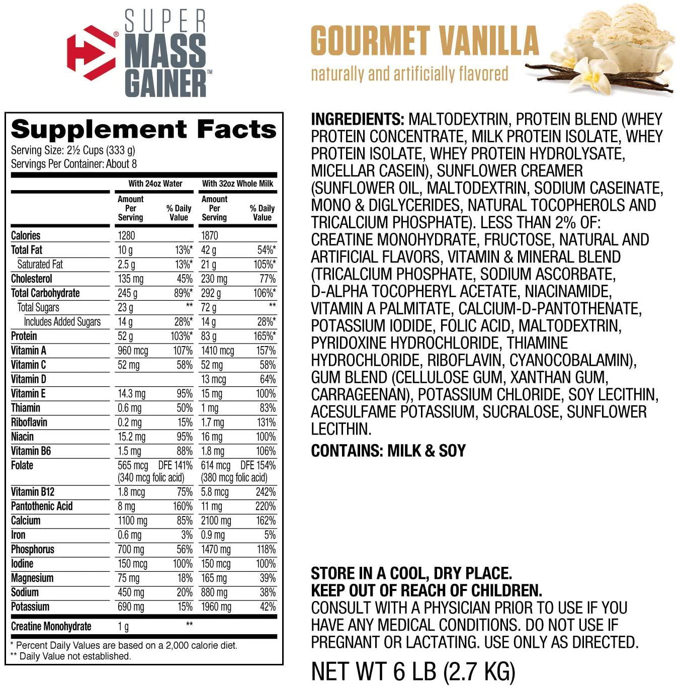 Dymatize Super Mass Gainer Protein Powder, 1280 Calories and 52g Protein, Gain Strength and Size Quickly, 10.7g BCAAs, Mixes Easily, Tastes Delicious, Gourmet Vanilla, 6 lbs, Gourmet Vanilla, 96.0 Ounce
