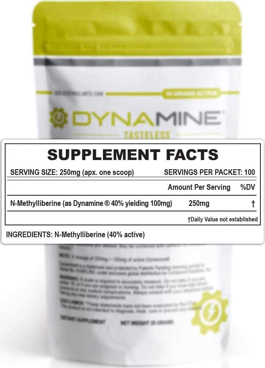 Dynamine Tasteless - N-MethylliberineÂ Powder - Fast Acting - Natural Energy Focus and Endurance - Similar to Theacrine TeaCrine with Faster Response (10 Grams Active - 100 Servings)