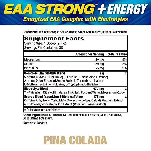 EAA Strong + Energy, Essential Amino Acid Supplement, All 9 EAAs, BCAAs, Electrolytes, Coconut Water, Pre-Workout Enhances Muscle Building, Performance, Recovery, Caffeine, Pina Colada, 30 Servings