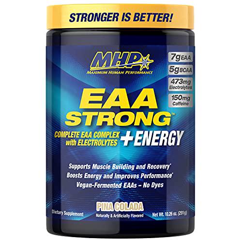 EAA Strong + Energy, Essential Amino Acid Supplement, All 9 EAAs, BCAAs, Electrolytes, Coconut Water, Pre-Workout Enhances Muscle Building, Performance, Recovery, Caffeine, Pina Colada, 30 Servings