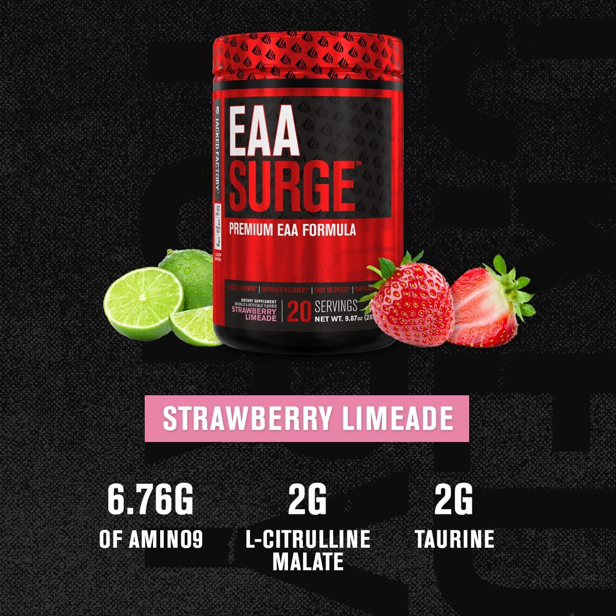 EAA Surge Premium EAA Supplement - 9 Essential Amino Acids Intra Workout Powder w/L-Citrulline, Taurine, and More for Muscle Building, Strength, Pumps, Endurance, Recovery - Strawberry Limeade, 20sv