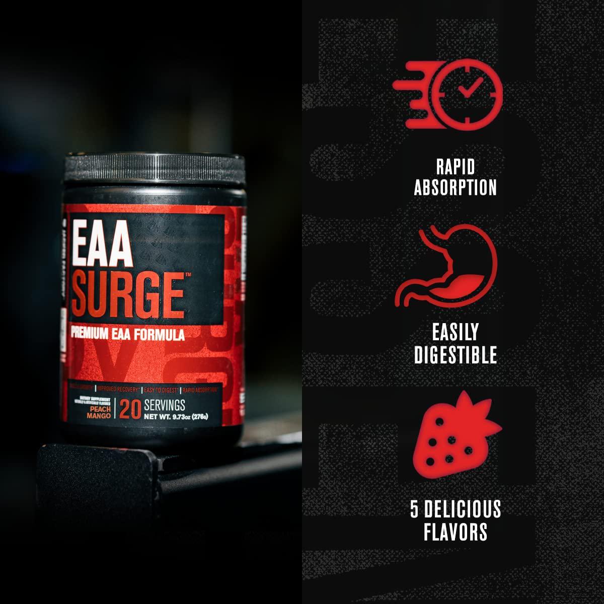 EAA Surge Premium EAA Supplement - 9 Essential Amino Acids Intra Workout Powder w/L-Citrulline, Taurine, and More for Muscle Building, Strength, Pumps, Endurance, Recovery - Peach Mango, 20sv