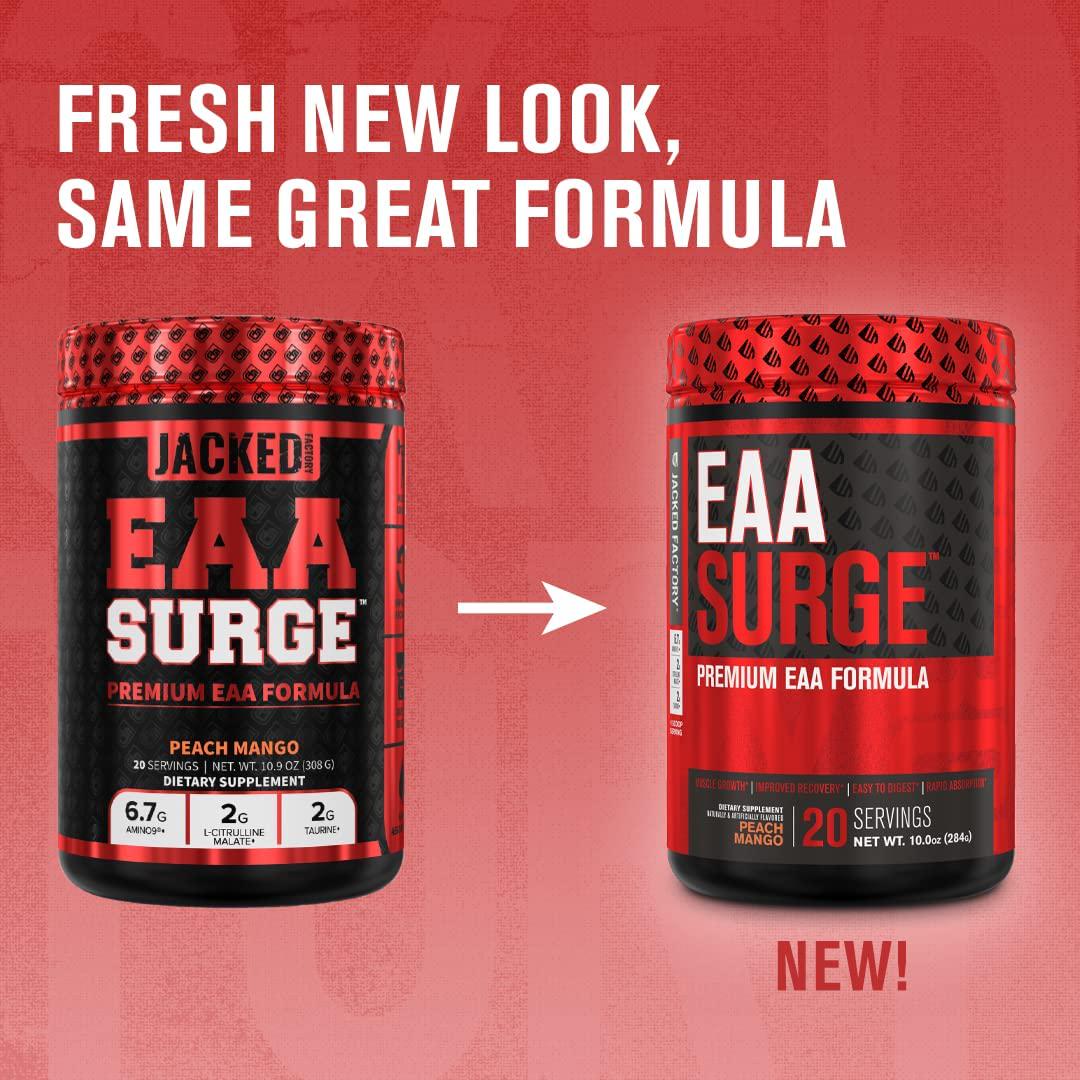 EAA Surge Premium EAA Supplement - 9 Essential Amino Acids Intra Workout Powder w/L-Citrulline, Taurine, and More for Muscle Building, Strength, Pumps, Endurance, Recovery - Peach Mango, 20sv