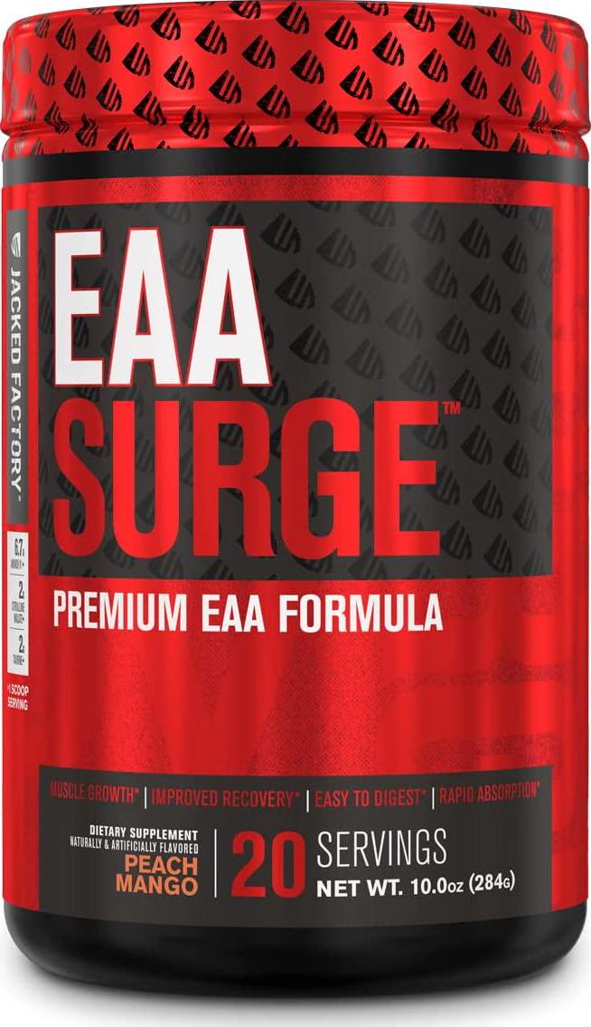 EAA Surge Premium EAA Supplement - 9 Essential Amino Acids Intra Workout Powder w/L-Citrulline, Taurine, and More for Muscle Building, Strength, Pumps, Endurance, Recovery - Peach Mango, 20sv