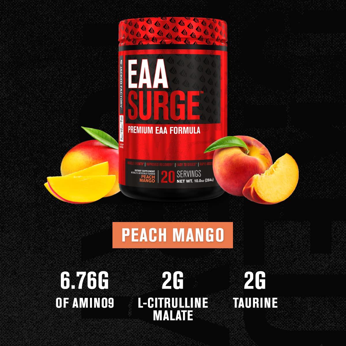 EAA Surge Premium EAA Supplement - 9 Essential Amino Acids Intra Workout Powder w/L-Citrulline, Taurine, and More for Muscle Building, Strength, Pumps, Endurance, Recovery - Peach Mango, 20sv