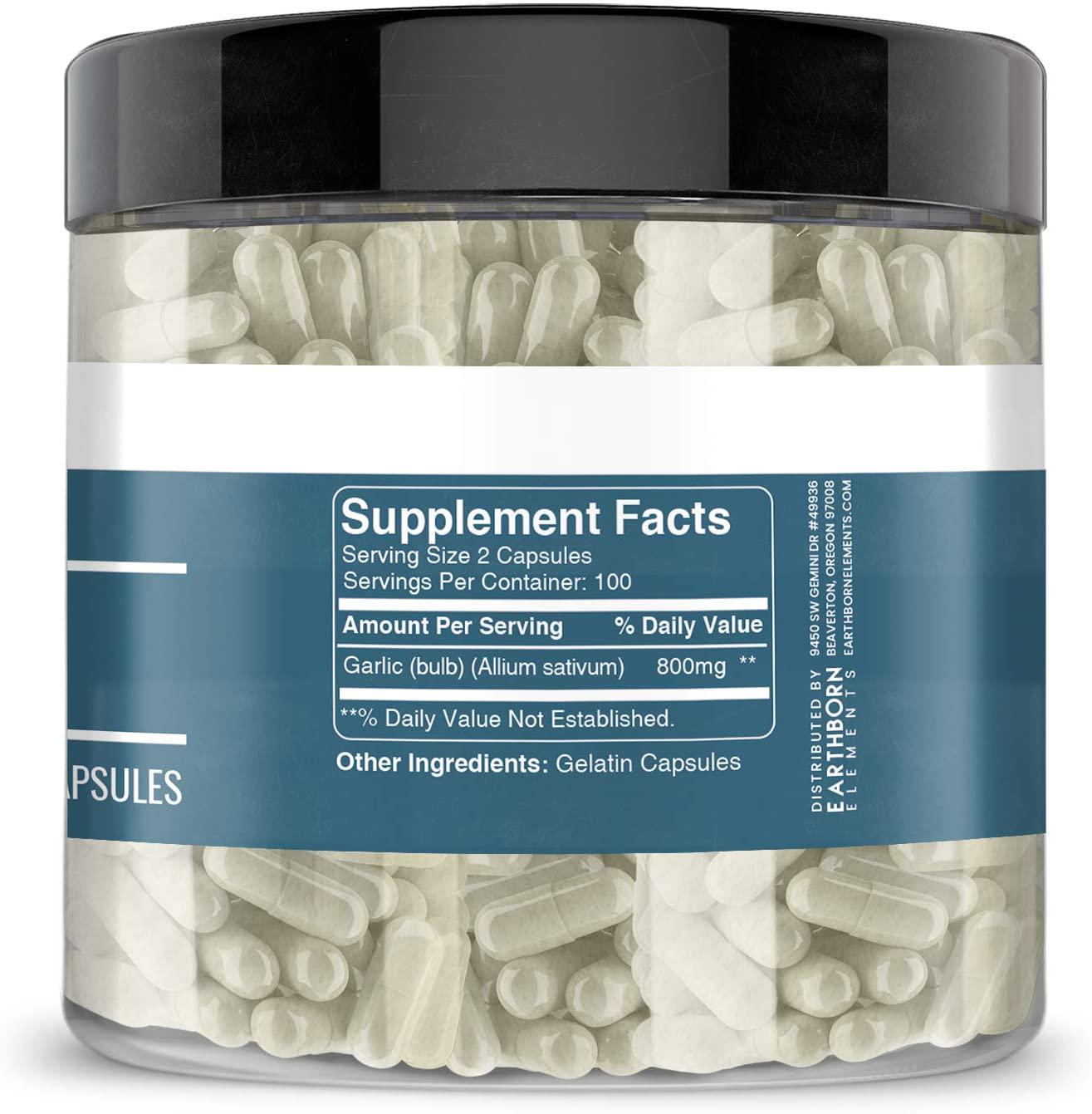 EARTHBORN ELEMENTS Pure Garlic, 200 Capsules, Non-GMO (800 mg Servings)