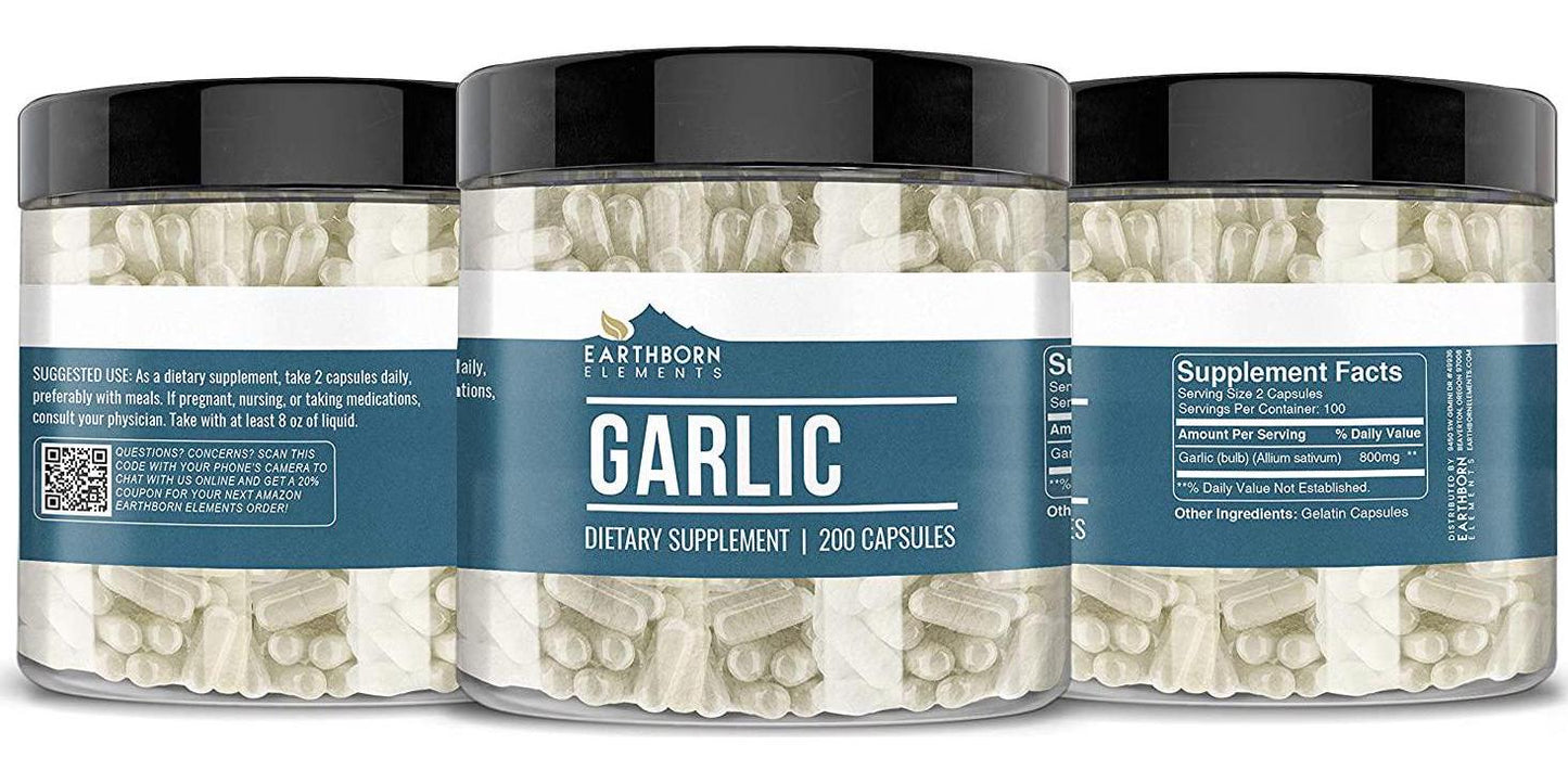 EARTHBORN ELEMENTS Pure Garlic, 200 Capsules, Non-GMO (800 mg Servings)