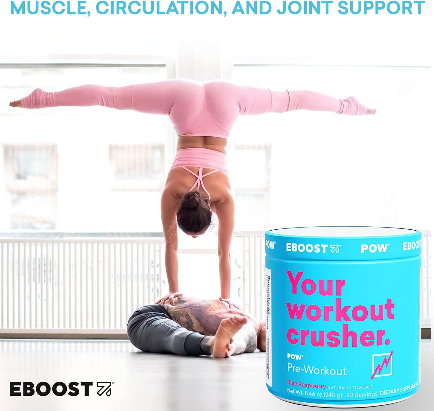 EBOOST POW Natural Pre-Workout 20 Servings - Blue Raspberry - A Pre Workout Supplement for Performance, Joint Mobility Support, Energy, Focus - Men and Women - Non-GMO, Gluten-Free, No Creatine