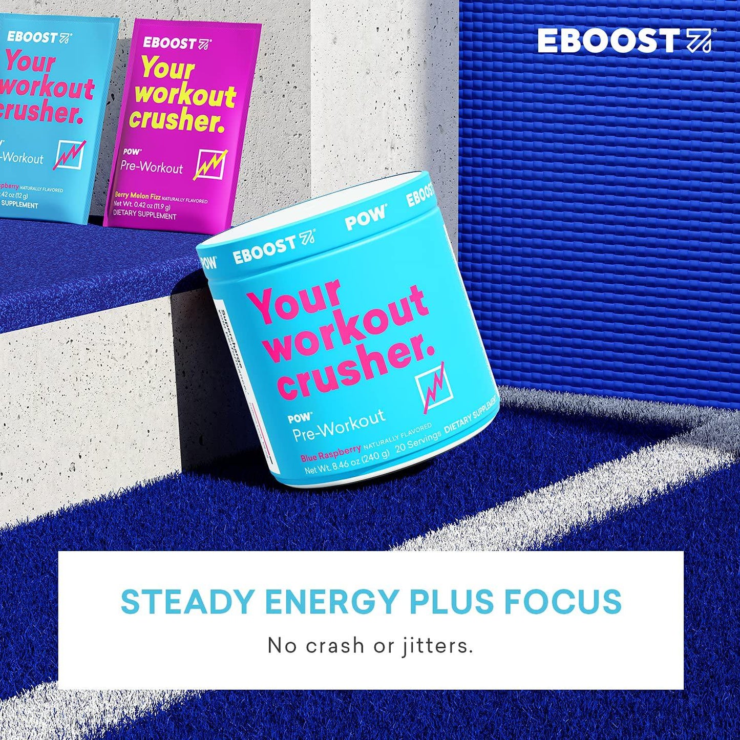 EBOOST POW Natural Pre-Workout 20 Servings - Blue Raspberry - A Pre Workout Supplement for Performance, Joint Mobility Support, Energy, Focus - Men and Women - Non-GMO, Gluten-Free, No Creatine