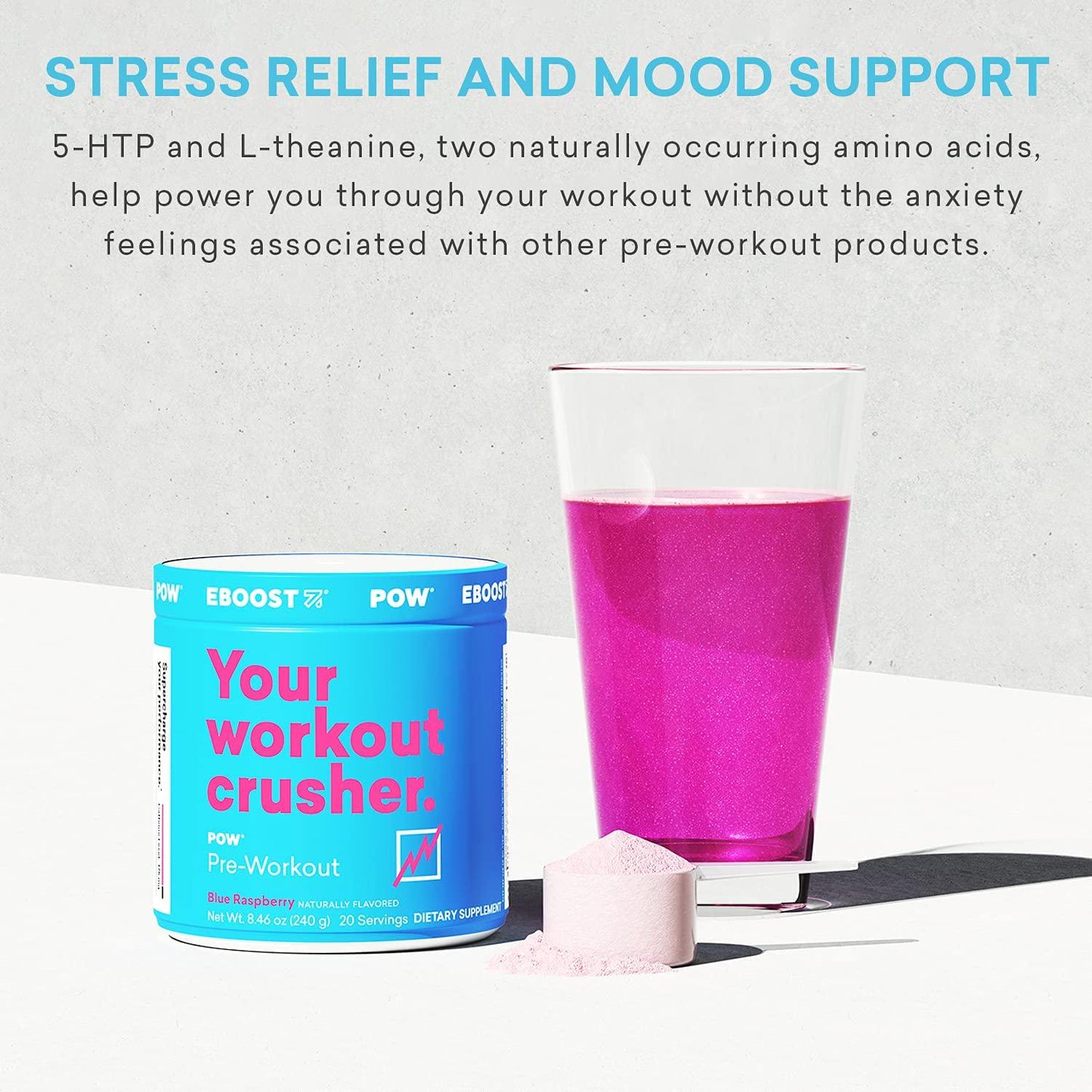 EBOOST POW Natural Pre-Workout 20 Servings - Blue Raspberry - A Pre Workout Supplement for Performance, Joint Mobility Support, Energy, Focus - Men and Women - Non-GMO, Gluten-Free, No Creatine