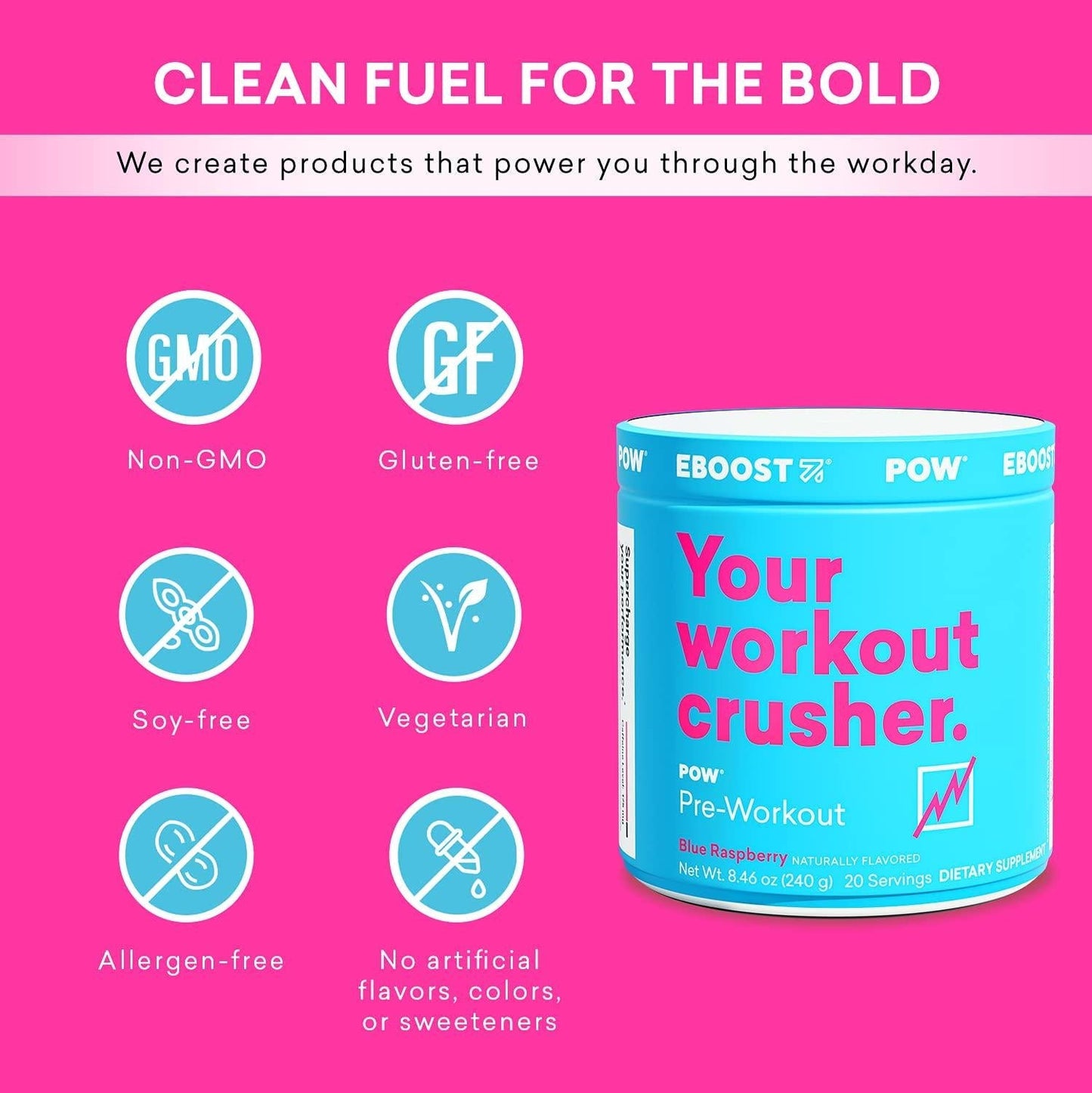 EBOOST POW Natural Pre-Workout 20 Servings - Blue Raspberry - A Pre Workout Supplement for Performance, Joint Mobility Support, Energy, Focus - Men and Women - Non-GMO, Gluten-Free, No Creatine