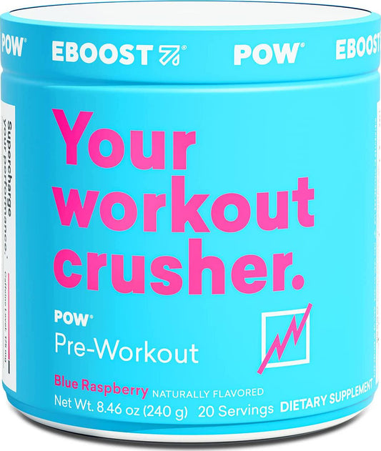 EBOOST POW Natural Pre-Workout 20 Servings - Blue Raspberry - A Pre Workout Supplement for Performance, Joint Mobility Support, Energy, Focus - Men and Women - Non-GMO, Gluten-Free, No Creatine