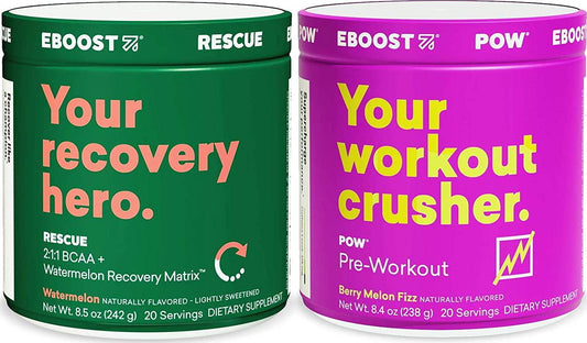 EBOOST POW Pre-Workout and Rescue BCAA Tub Bundle - Pre and Post Workout Supplement Powder for Performance, Joint Mobility, Support Recovery and Energy - Non-GMO, Gluten-Free, No Creatine