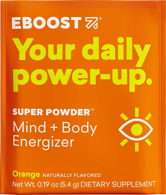 EBOOST Super Powder Energy Drink Powder - 20 Packets - an Effervescent Blend of Vitamin C, B12, Zinc, Electrolytes, and Natural Caffeine Plus Hydration - Pre-Workout Powder - No Sugar (Orange)