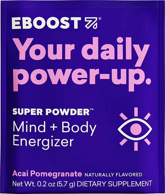 EBOOST Super Powder Energy Drink Powder - 20 Packets - Acai Pomegranate - an Effervescent Blend of Vitamin C, B12, Zinc, Electrolytes, and Natural Caffeine Plus Hydration - Pre-Workout Powder - No Sugar