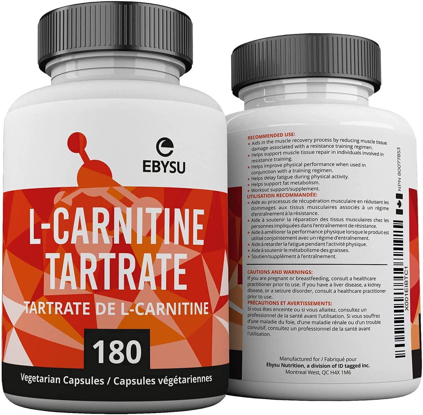 EBYSU L-Carnitine Tartrate - 180 Capsules 1000mg Max Strength Pure L Carnitine Supplement