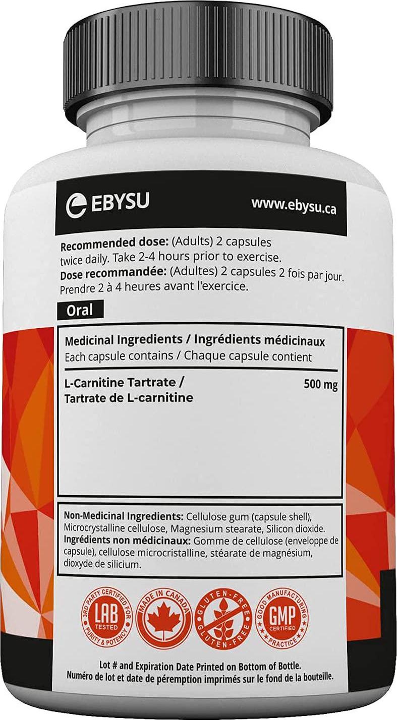 EBYSU L-Carnitine Tartrate - 180 Capsules 1000mg Max Strength Pure L Carnitine Supplement