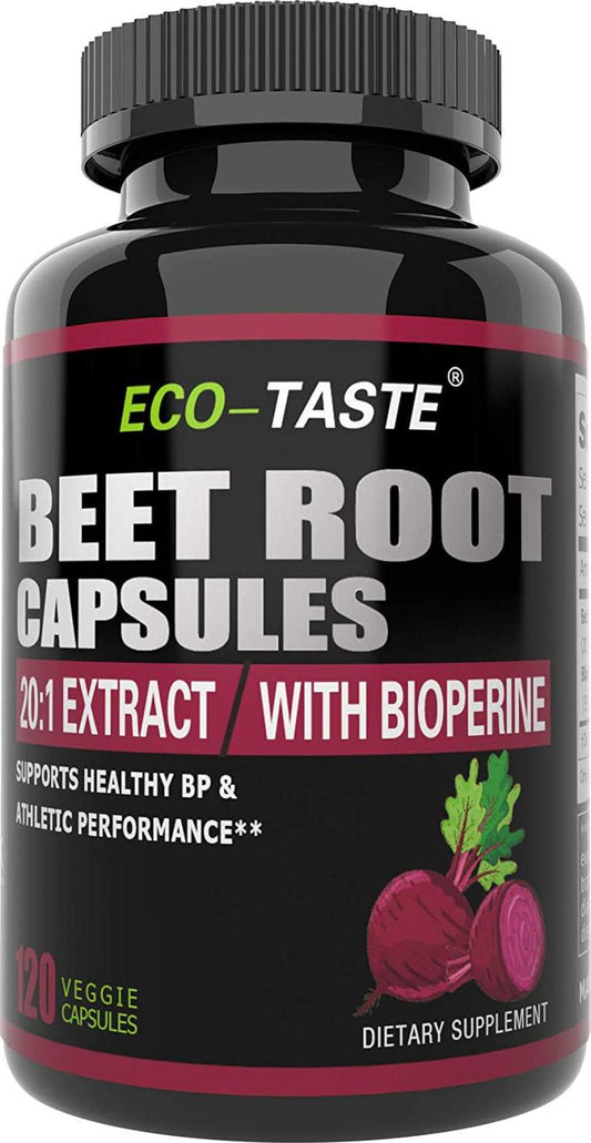 ECO-TASTE Beet Root Capsules – 20:1 Extract with Black Pepper, 120 Veggie Caps