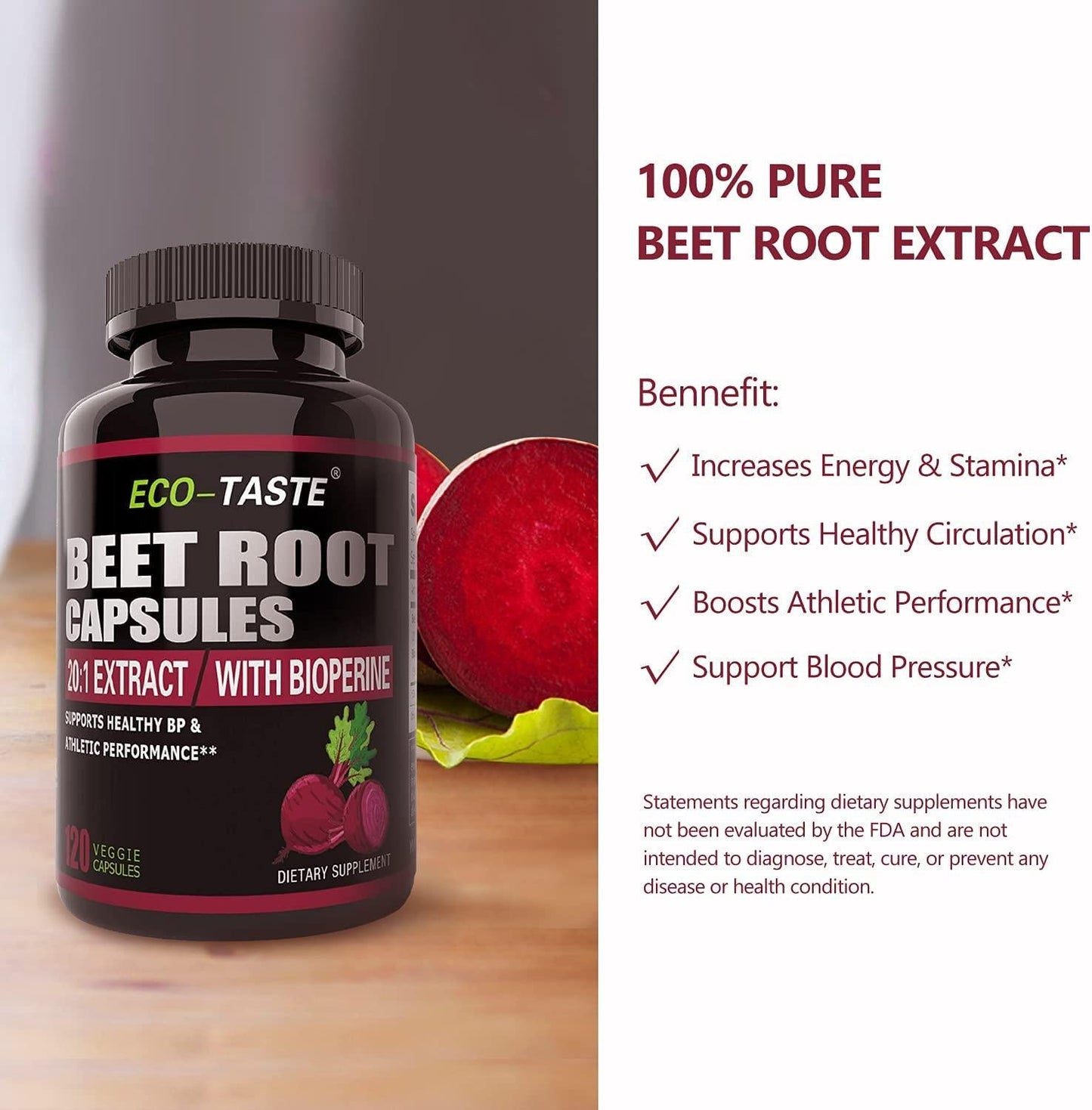 ECO-TASTE Beet Root Capsules – 20:1 Extract with Black Pepper, 120 Veggie Caps