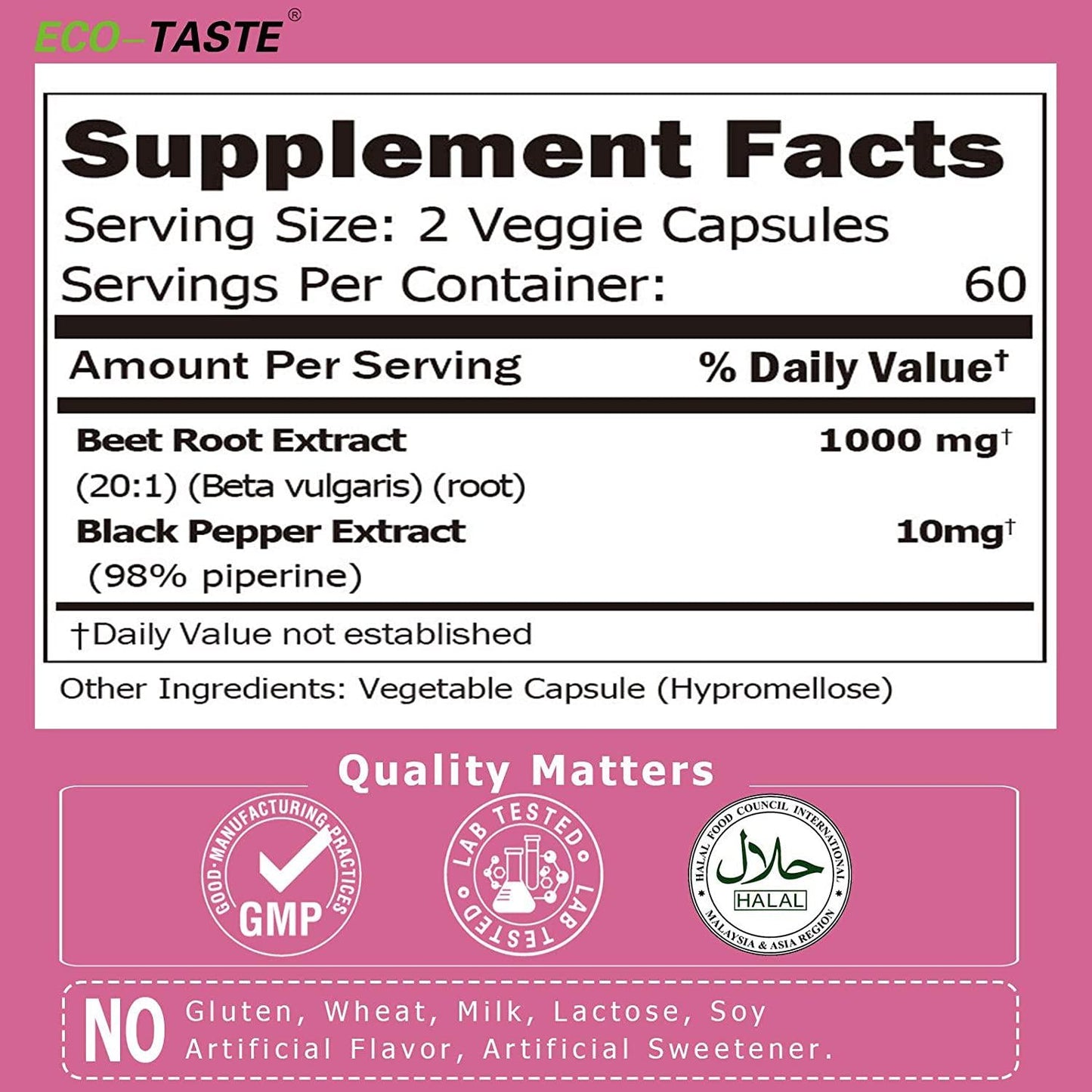 ECO-TASTE Beet Root Capsules – 20:1 Extract with Black Pepper, 120 Veggie Caps