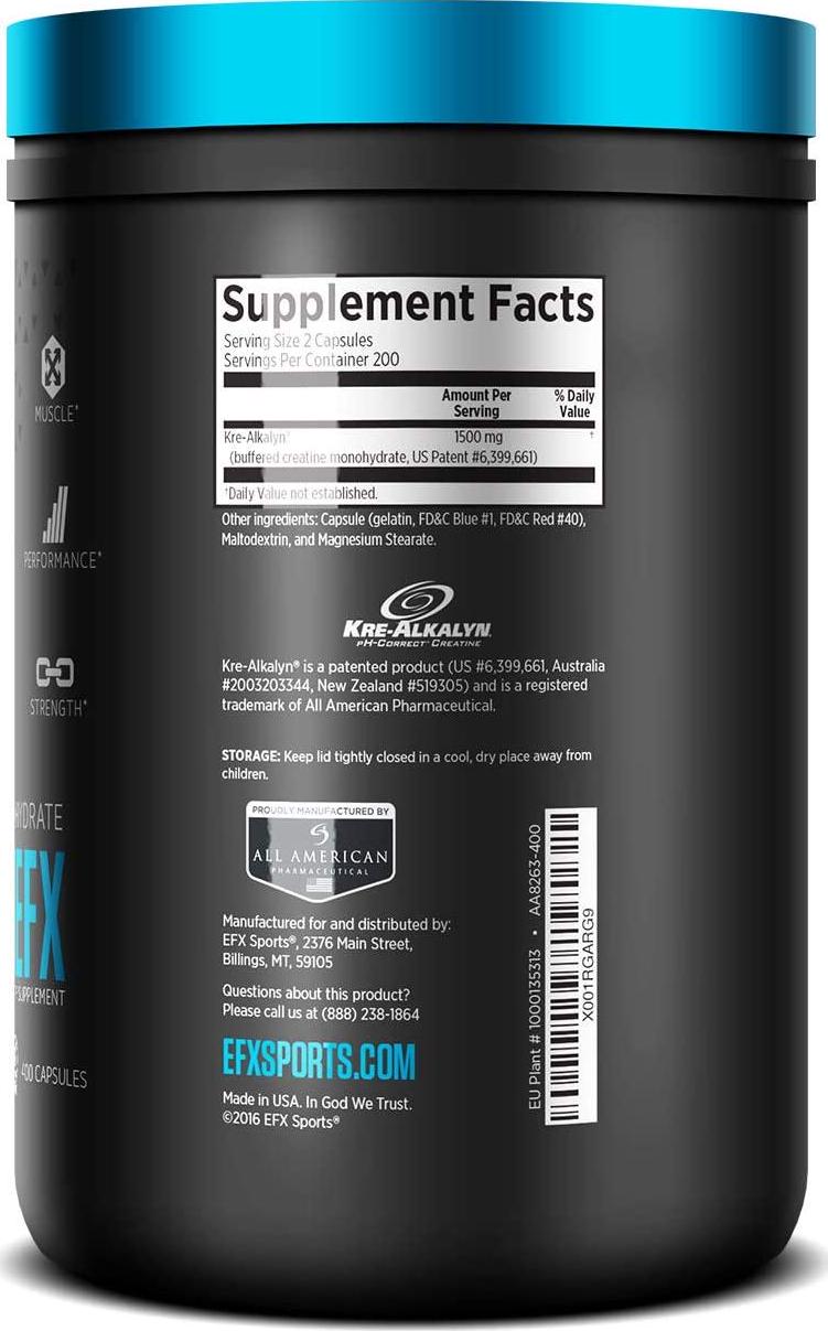EFX Kre-Alkalyn | PH Correct Creatine Monohydrate | Patented Formula, Gain Strength, Build Muscle and Enhance Performance - 400 Capsules / 200 Servings