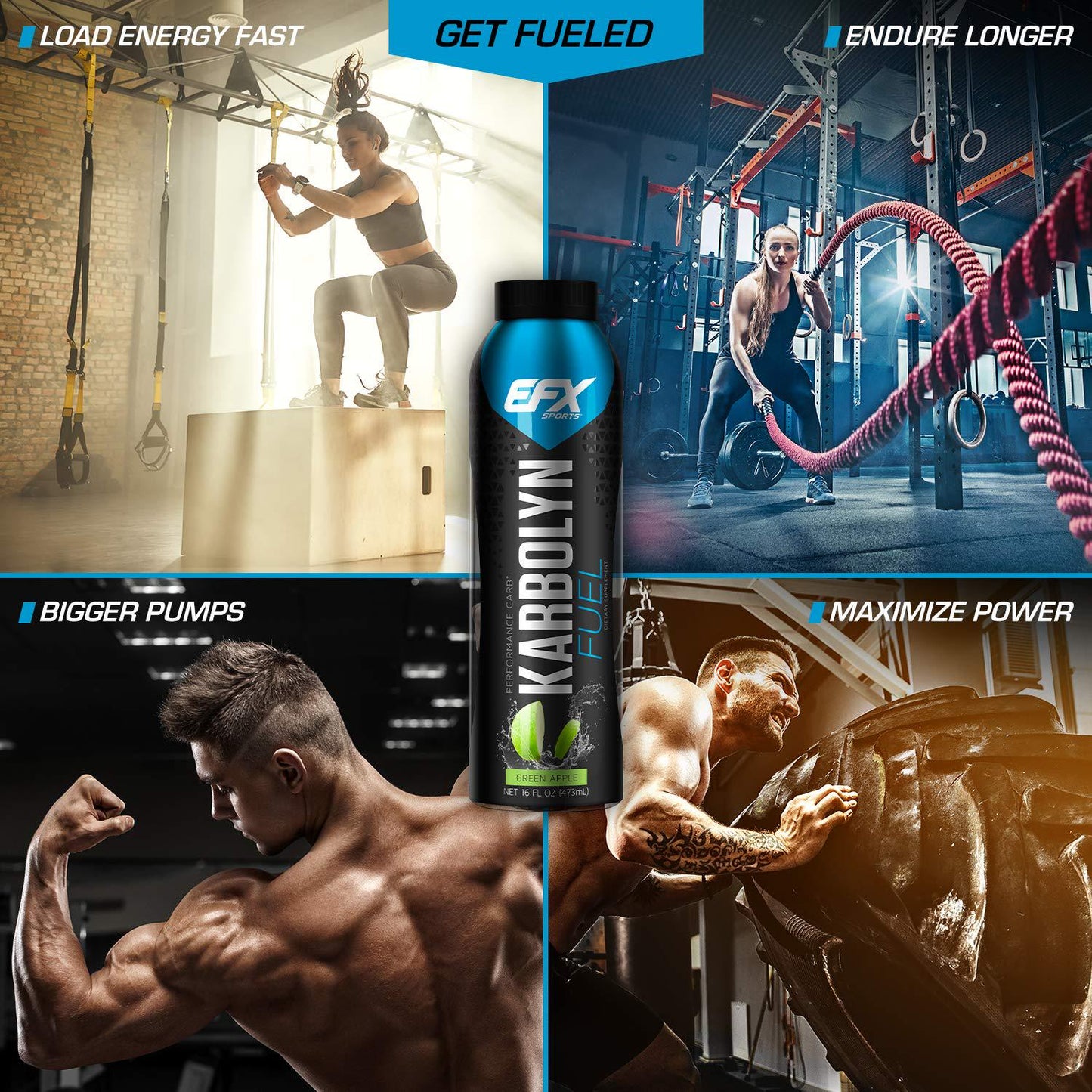EFX Sports Karbolyn Fuel RTD | Pre, Intra, Post Workout Carbohydrate Supplement | Carb Load, Energize, Improve and Recover Faster | Green Apple (12 Bottles, 16 fluid oz)