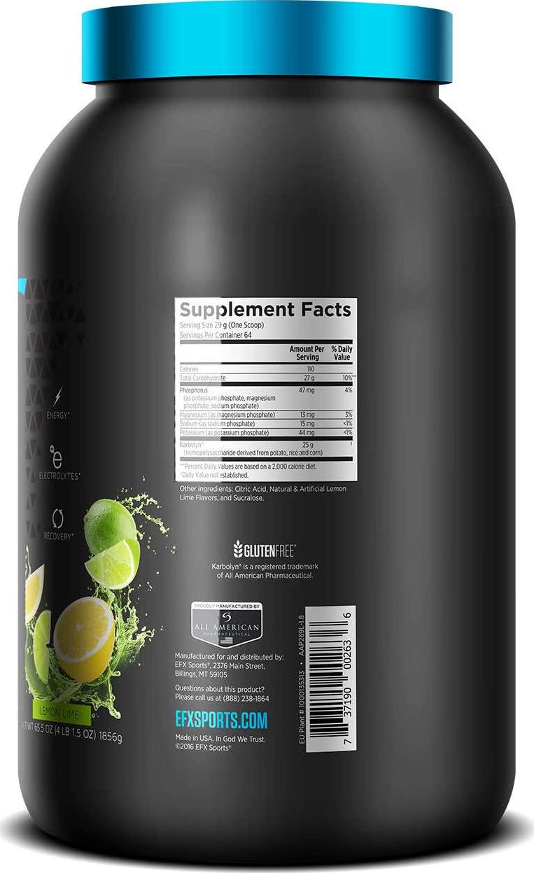 EFX Sports Karbolyn Hydrate | Sugar-Free Sports Drink | Carbohydrate Supplement Powder + Electrolytes | Carb Load, Energize, Improve and Recover Faster | Easy to Mix | Lemon Lime (4 LB 1.5 OZ)