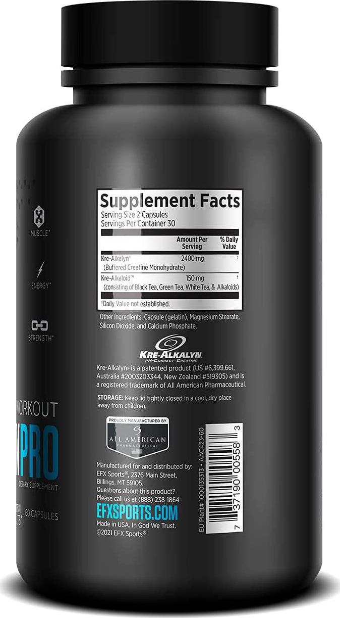 EFX Sports Kre-Alkalyn PRO PH Correct Creatine Monohydrate Pre Workout Supplement Multi-Patented Muscle Building Capsules for Endurance, Energy, and Strength for Men and Women