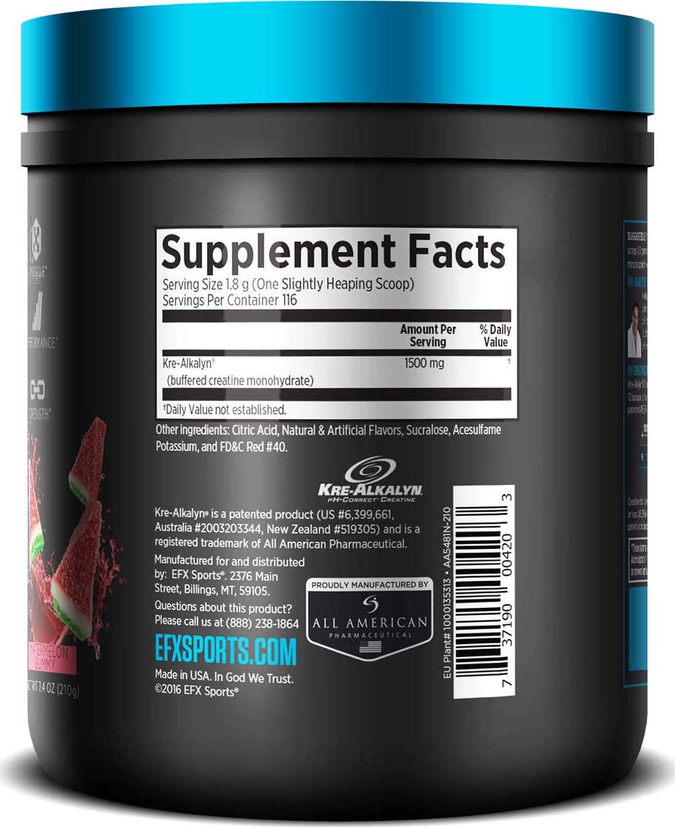 EFX Sports Kre-Alkalyn Powder | PH-Correct Creatine Monohydrate | Multi-Patented Formula, Gain Strength, Build Muscle and Enhance Performance | Watermelon Gummy - 210 Grams / 116 Servings