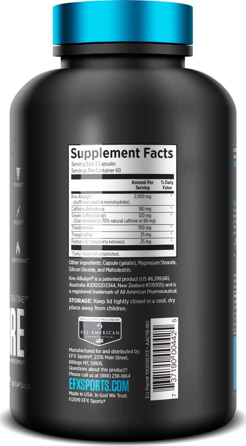 EFX Sports Kre-Alkalyn Hardcore | PH Correct Creatine Monohydrate Pre-Workout Energy| Patented Formula, Gain Strength, Build Muscle and Enhance Performance - 180 Capsules / 60 Servings