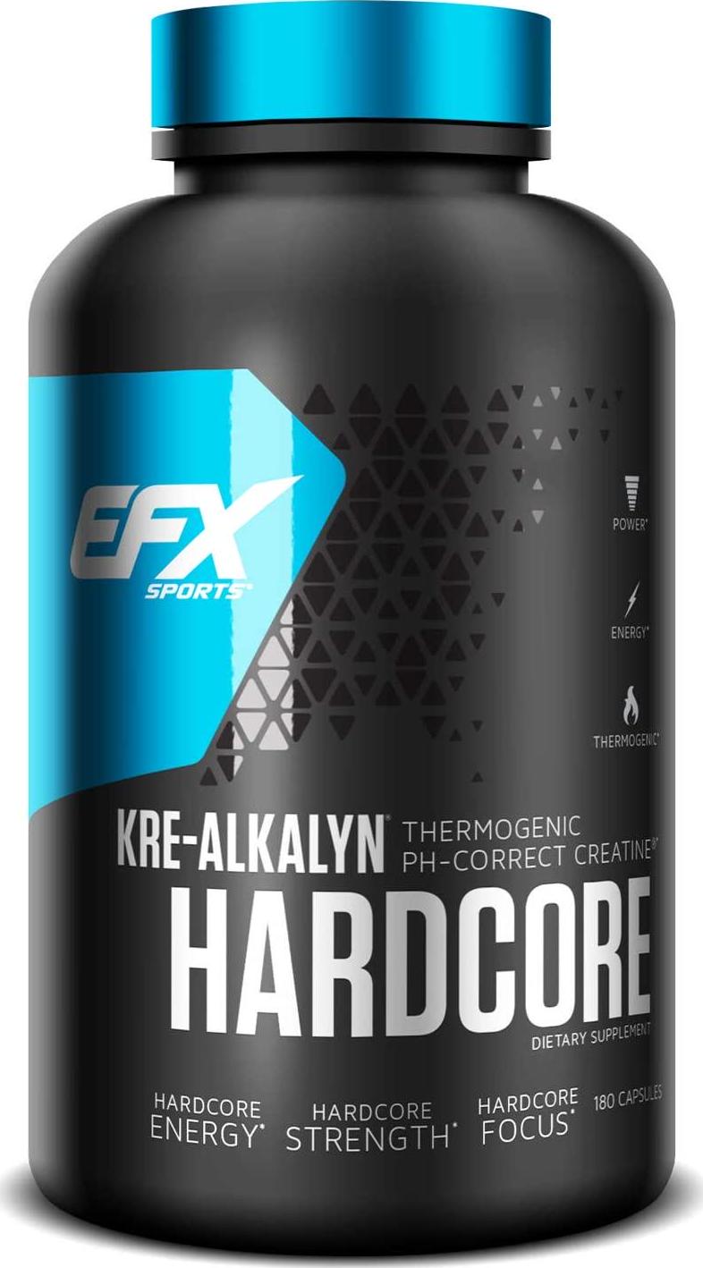 EFX Sports Kre-Alkalyn Hardcore | PH Correct Creatine Monohydrate Pre-Workout Energy| Patented Formula, Gain Strength, Build Muscle and Enhance Performance - 180 Capsules / 60 Servings