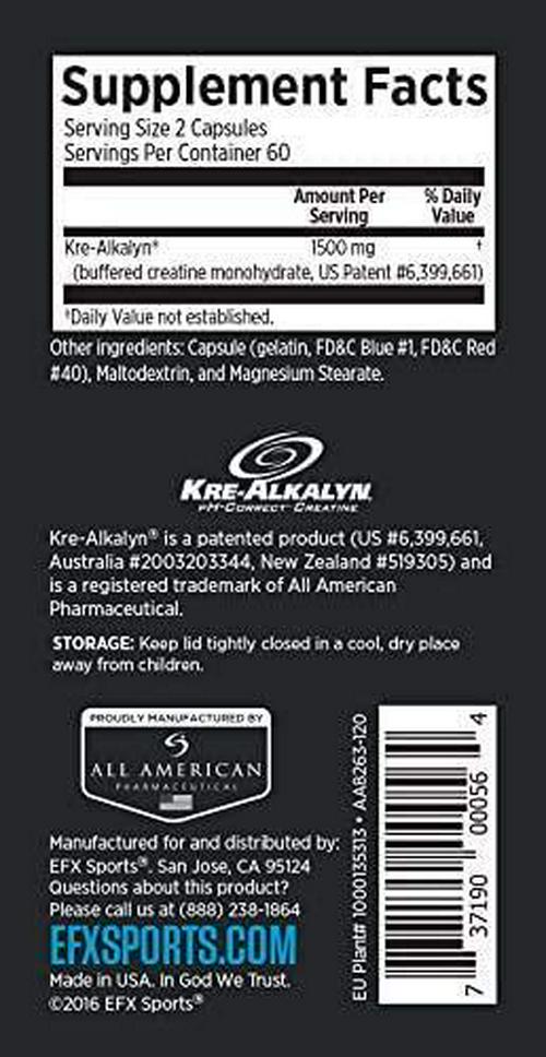 EFX Sports Kre-Alkalyn | PH-Correct Creatine Monohydrate | Multi-Patented Formula, Gain Strength, Build Muscle and Enhance Performance - 120 Capsules / 60 Servings