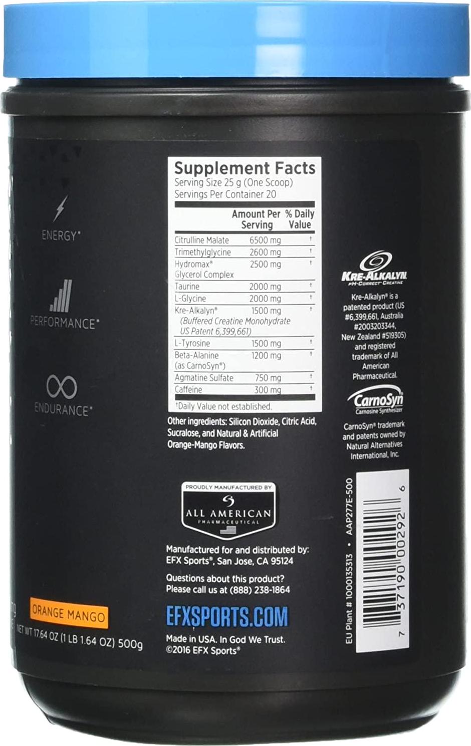 EFX Sports Training Ground Pre Workout Powder, Orange Mango, 500 Gram