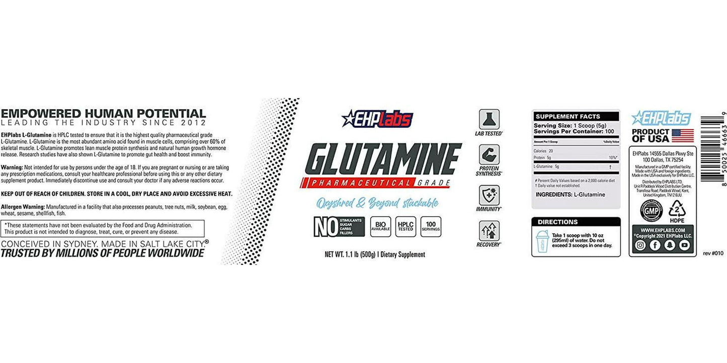 EHP Labs Glutamine Recovery Amino Acids (500g) Improves Protein Metabolism, Improves Focus and Concentration - 100 Servings