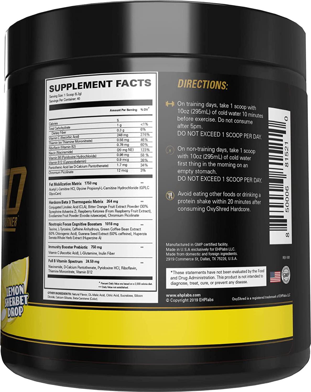 EHPlabs OxyShred Hardcore Thermogenic Fat Burner (Energy and Focus) - 40 Servings, Lemon Sherbet