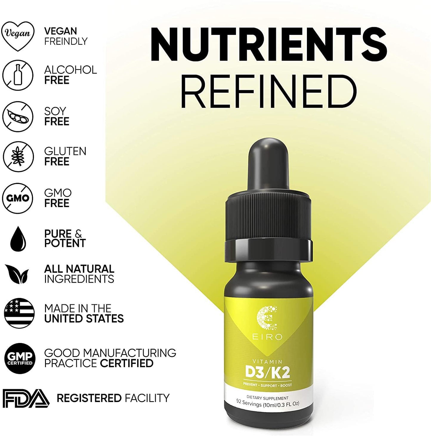 EIRO Vitamin D3 + K2 (MK7) │ D3 2000UI + K2 25mcg Per Serving │ Liquid Drop Supplement for Superior Absorption │Prevent • Support • Boost│