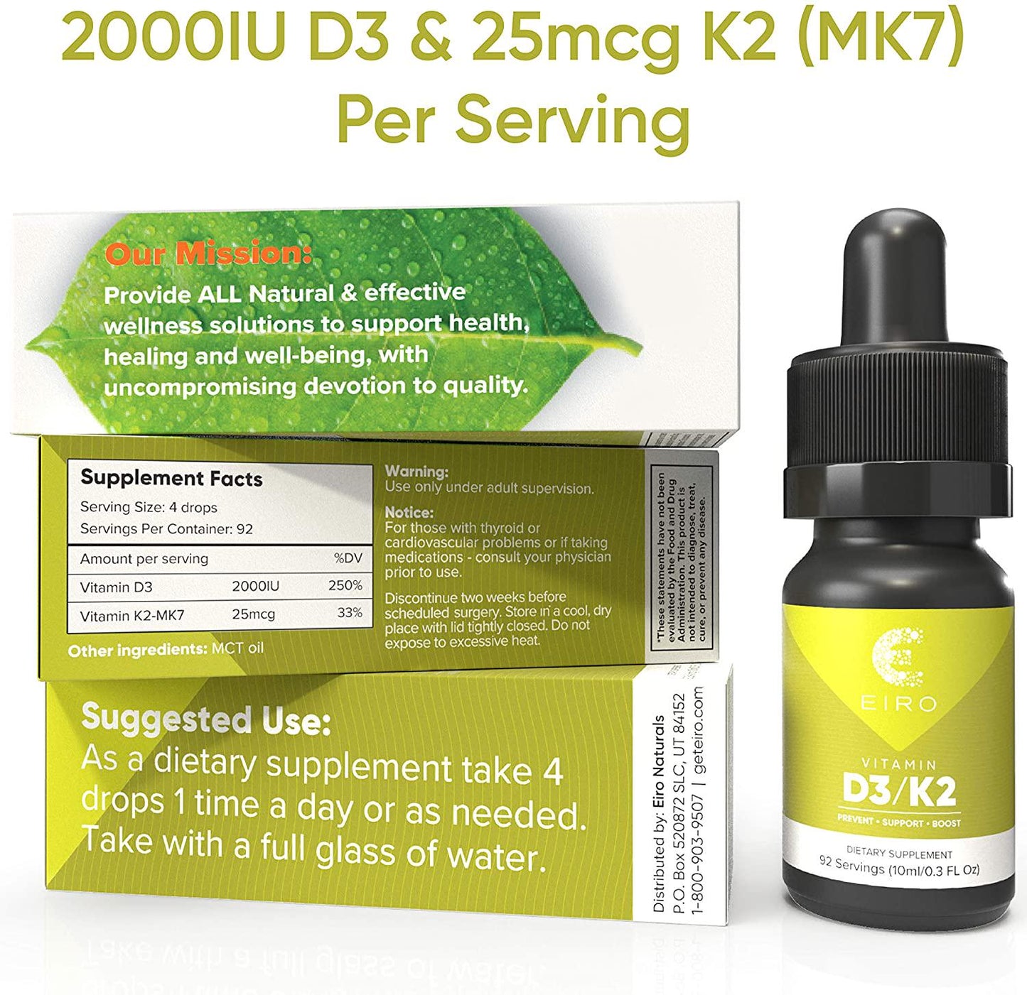 EIRO Vitamin D3 + K2 (MK7) │ D3 2000UI + K2 25mcg Per Serving │ Liquid Drop Supplement for Superior Absorption │Prevent • Support • Boost│