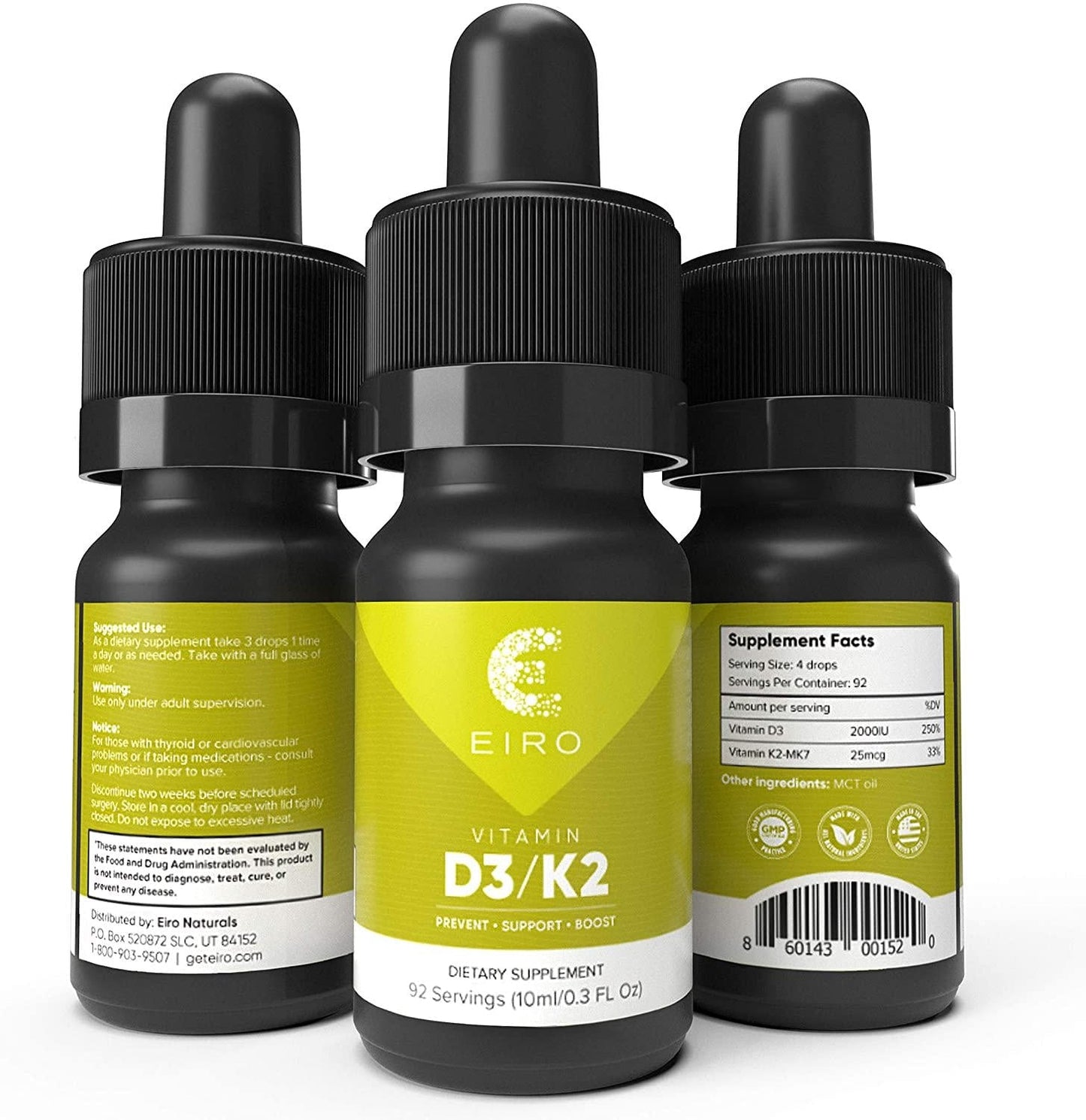 EIRO Vitamin D3 + K2 (MK7) │ D3 2000UI + K2 25mcg Per Serving │ Liquid Drop Supplement for Superior Absorption │Prevent • Support • Boost│