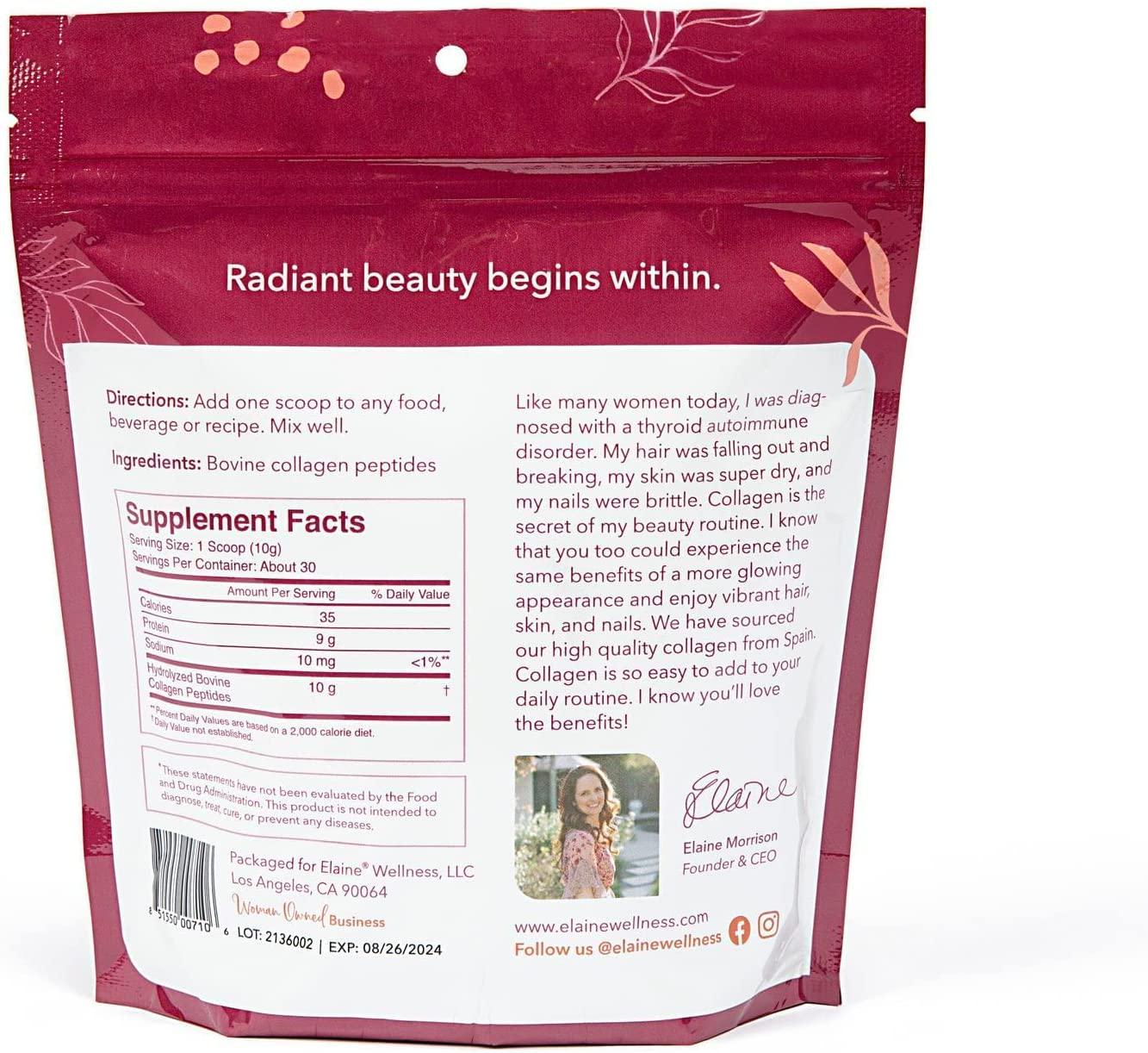 ELAINE Wellness Collagen Powder for Women, Protein Supplement to Support Hair, Skin, Nails and Joints, Pasture-Raised Bovine Hydrolyzed Collagen Peptides Dissolve Easily, Unflavored, 30 Servings