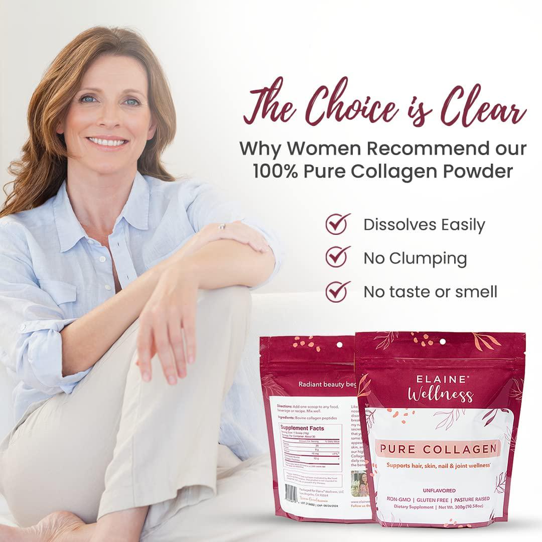 ELAINE Wellness Collagen Powder for Women, Protein Supplement to Support Hair, Skin, Nails and Joints, Pasture-Raised Bovine Hydrolyzed Collagen Peptides Dissolve Easily, Unflavored, 30 Servings