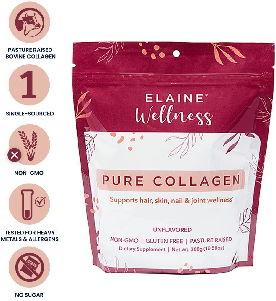ELAINE Wellness Collagen Powder for Women, Protein Supplement to Support Hair, Skin, Nails and Joints, Pasture-Raised Bovine Hydrolyzed Collagen Peptides Dissolve Easily, Unflavored, 30 Servings