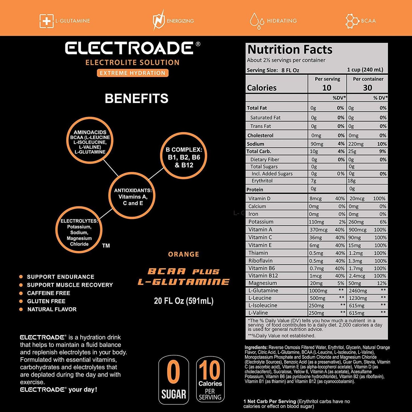 ELECTROADE - Electrolyte Solution Beverage - Extreme Hydrating Drink with BCAA and L-GLutamine - 20oz Bottle - Pineapple Mango Flavor - Orange Flavor -12 Pack