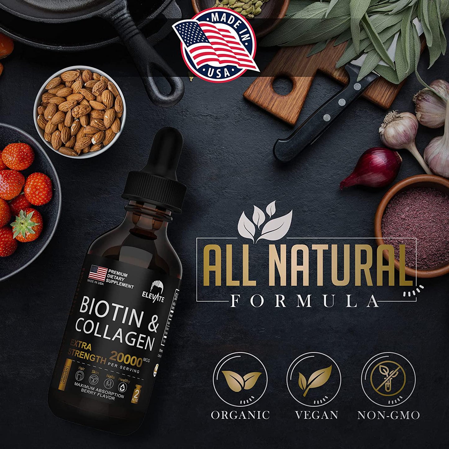 ELEVATE Biotin and Collagen Hair Growth Drops 20000mcg - Liquid Biotin 10000mcg and Collagen 10000mcg Natural Supplement for Best Absorption to Support Healthy Skin and Strong Nails - USA Made - Men and Women