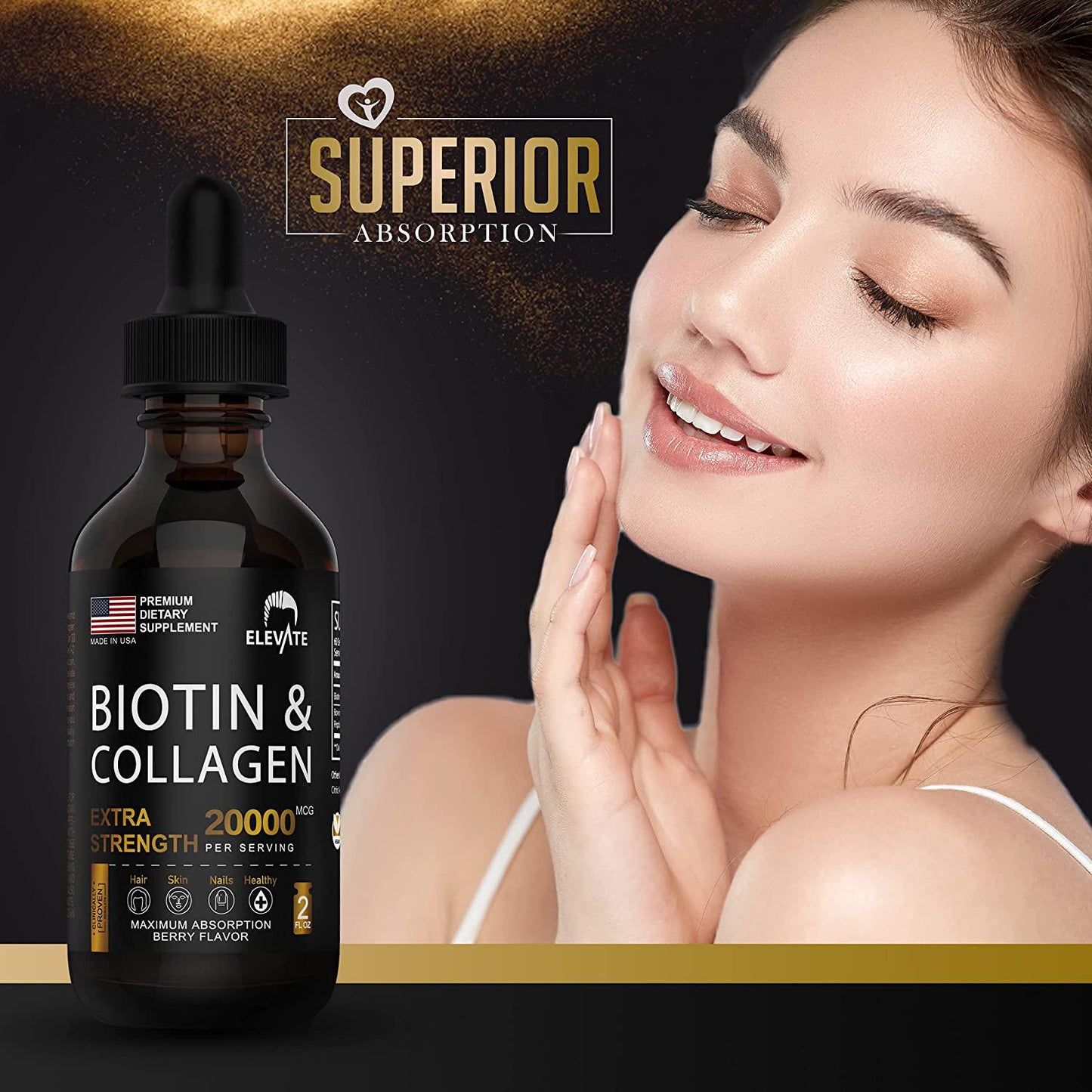ELEVATE Biotin and Collagen Hair Growth Drops 20000mcg - Liquid Biotin 10000mcg and Collagen 10000mcg Natural Supplement for Best Absorption to Support Healthy Skin and Strong Nails - USA Made - Men and Women