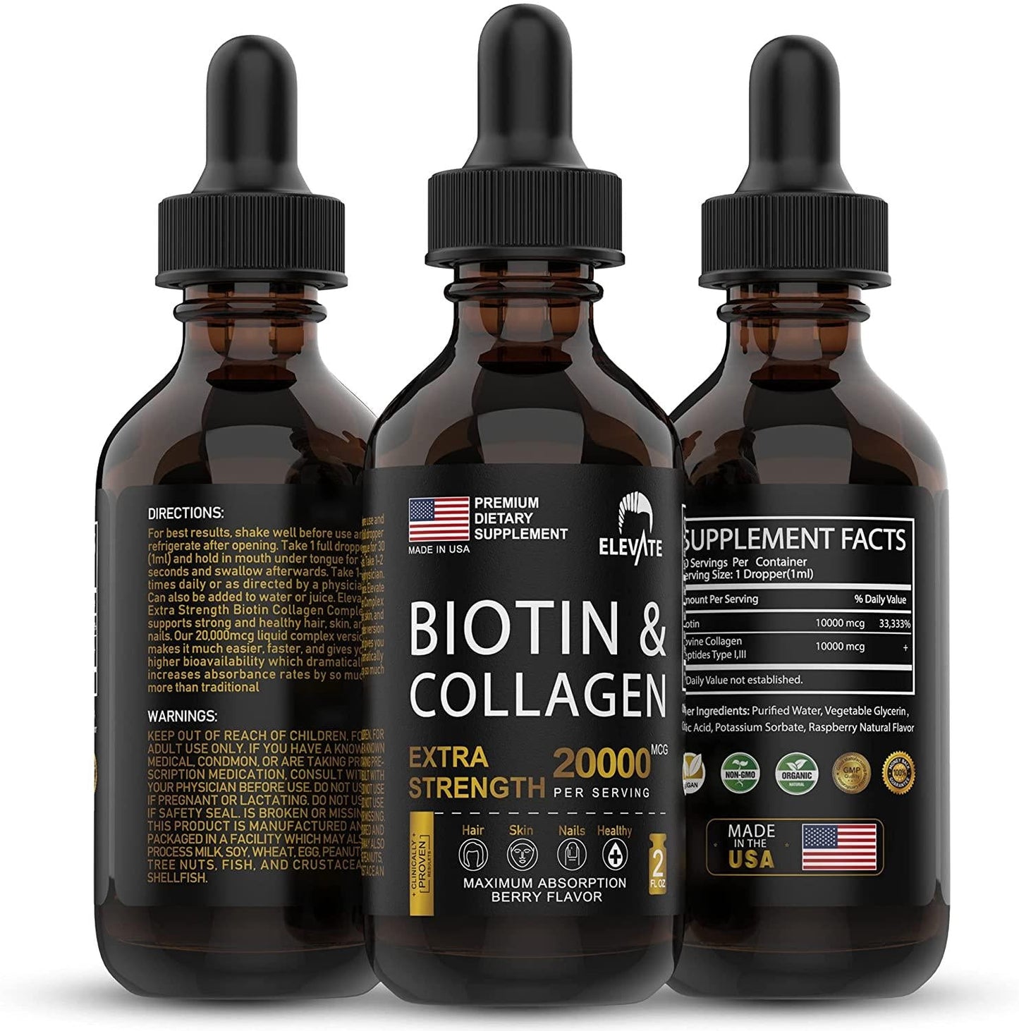 ELEVATE Biotin and Collagen Hair Growth Drops 20000mcg - Liquid Biotin 10000mcg and Collagen 10000mcg Natural Supplement for Best Absorption to Support Healthy Skin and Strong Nails - USA Made - Men and Women