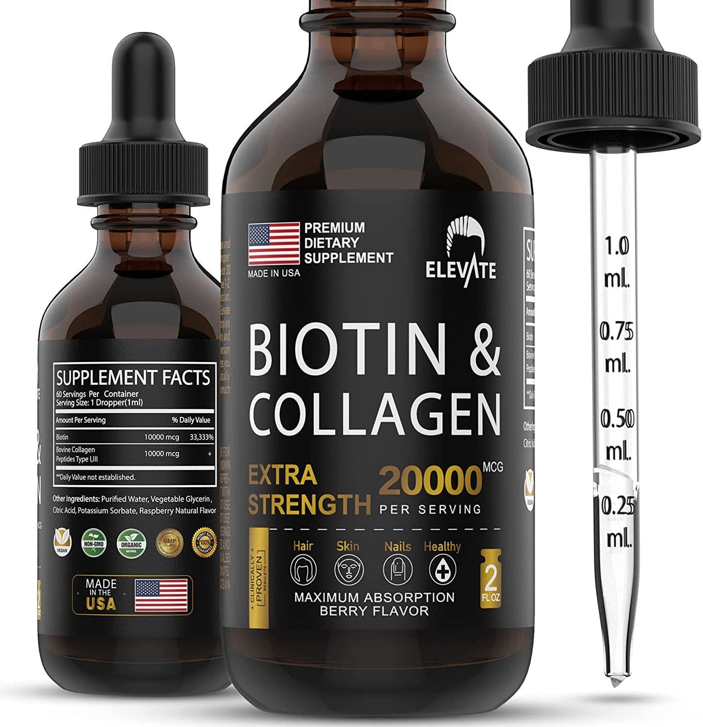 ELEVATE Biotin and Collagen Hair Growth Drops 20000mcg - Liquid Biotin 10000mcg and Collagen 10000mcg Natural Supplement for Best Absorption to Support Healthy Skin and Strong Nails - USA Made - Men and Women