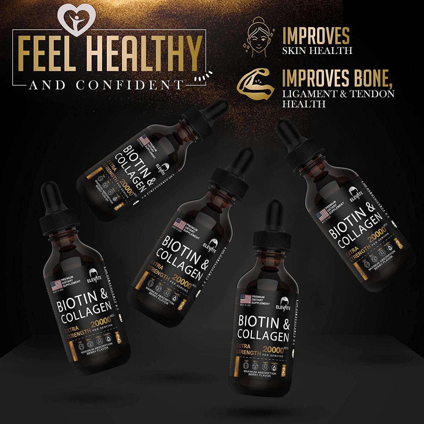 ELEVATE Biotin and Collagen Hair Growth Drops 20000mcg - Liquid Biotin 10000mcg and Collagen 10000mcg Natural Supplement for Best Absorption to Support Healthy Skin and Strong Nails - USA Made - Men and Women