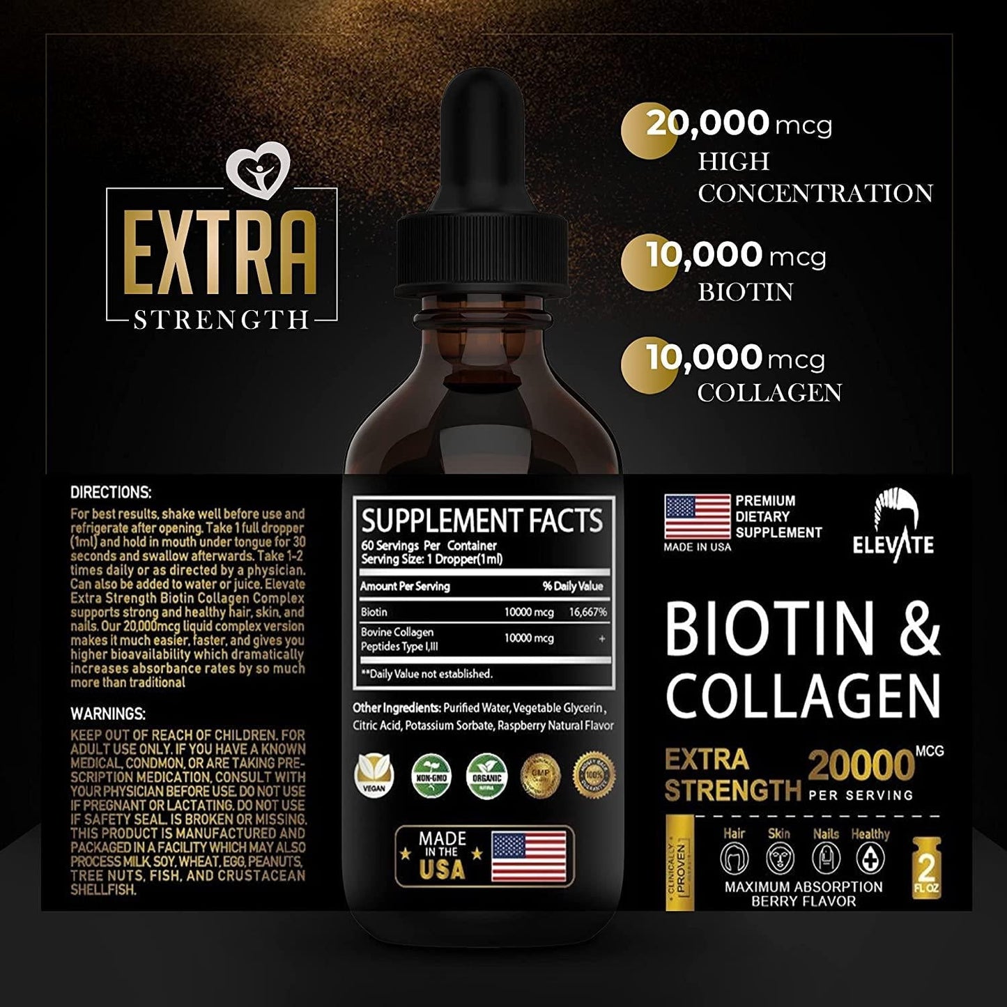 ELEVATE Biotin and Collagen Hair Growth Drops 20000mcg - Liquid Biotin 10000mcg and Collagen 10000mcg Natural Supplement for Best Absorption to Support Healthy Skin and Strong Nails - USA Made - Men and Women