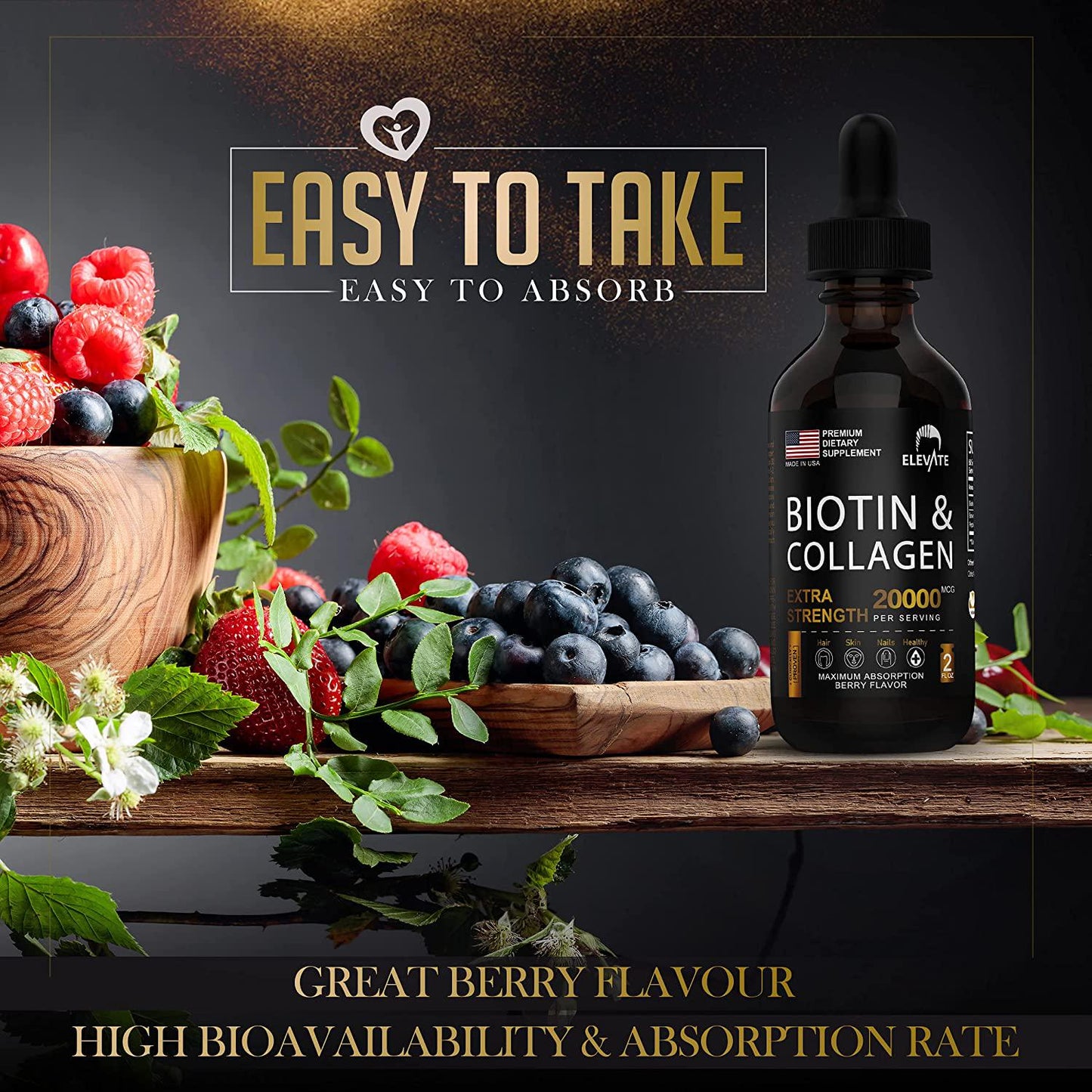 ELEVATE Biotin and Collagen Hair Growth Drops 20000mcg - Liquid Biotin 10000mcg and Collagen 10000mcg Natural Supplement for Best Absorption to Support Healthy Skin and Strong Nails - USA Made - Men and Women